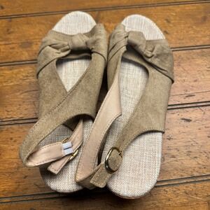 Womens Tan Suede‎ Espadrille Wedge Sandals Bow Slingback Buckle Size 41